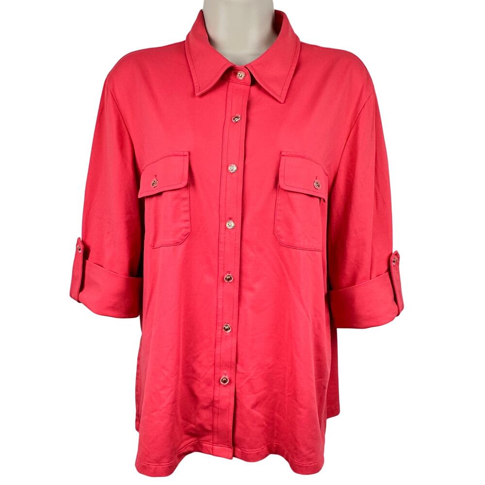 J. McLaughlin Catalina Cloth Blouse Top Utility Button Front Roll Tab Coral XL